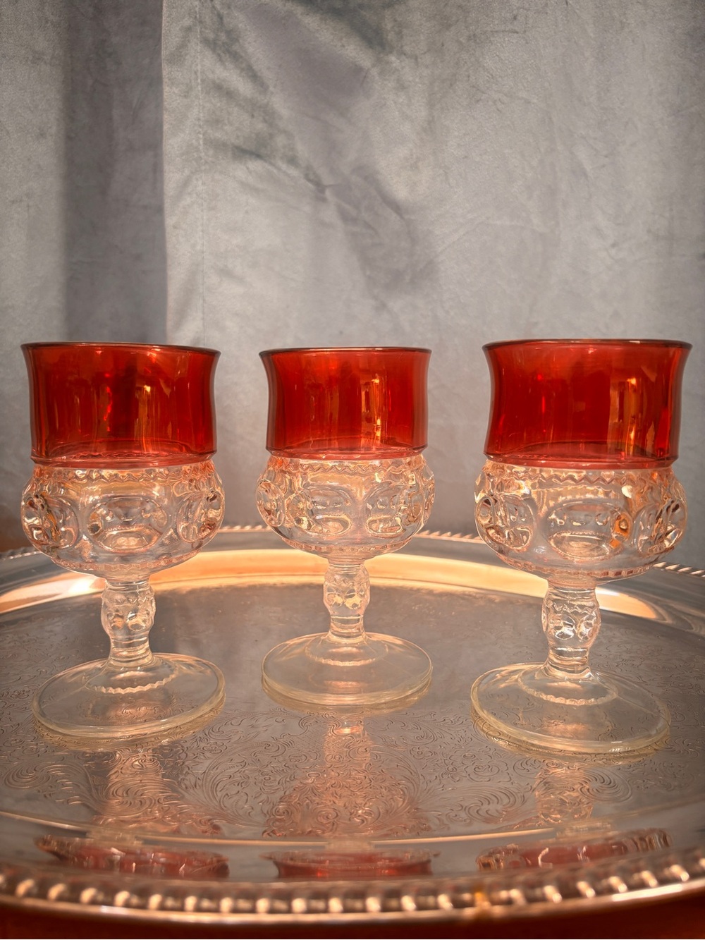 Vintage King’s Crown Ruby Flash Thumbprint Goblets Set of 3 Red Clear Glass